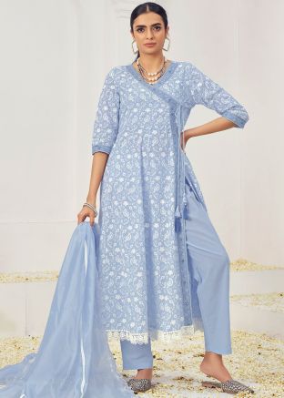 Readymade Embroidered Angrakha Style Cotton Suit In Pastel Blue
