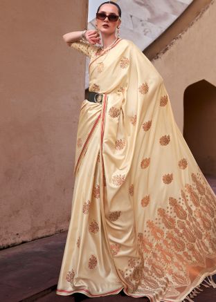 Beige Woven Saree In Satin