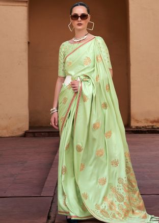 Green Woven Satin Saree & Blouse