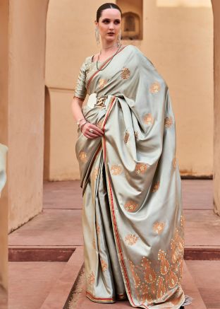Grey Woven Saree In Satin