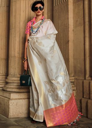Grey Zari Woven Saree In Art Silk