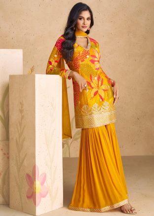 Yellow Digital Printed Readymade Sharara Suit In Chiffon