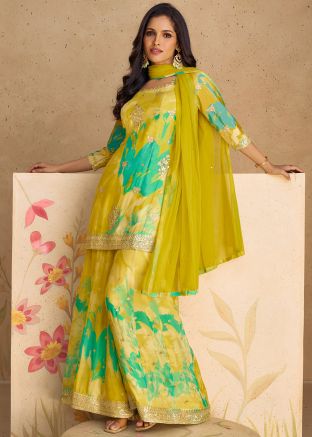 Green Readymade Chiffon Sharara Suit In Digital Print