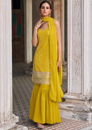 Yellow Sequins Embellished Gharara Suit In Georgette