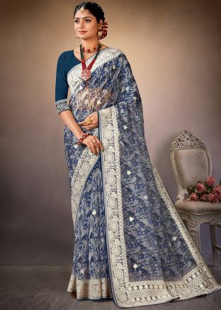 Grey Digital Floral Printed Organza Saree
