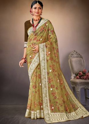 Yellow Floral Printed Saree In Organza