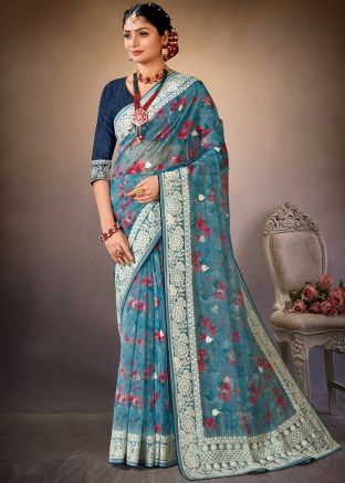 Blue Organza Saree In Digital Floral Print