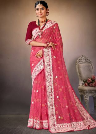 Pink Floral Print Saree & Blouse