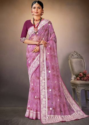Pink Embroidered Saree In Organza