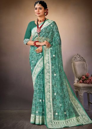 Green Digital Floral Print Saree & Blouse