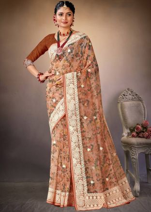 Brown Digital Floral Print Saree