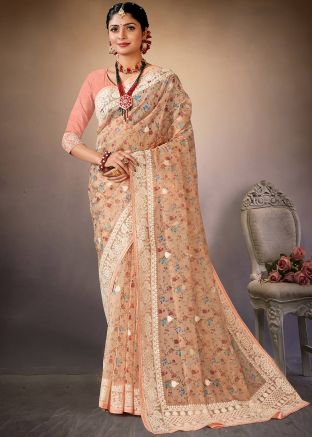 Cream Organza Saree In Floral Print