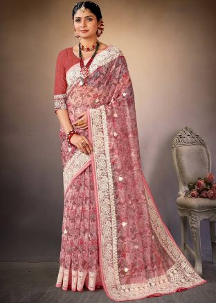 Mauve Pink Floral Print Saree