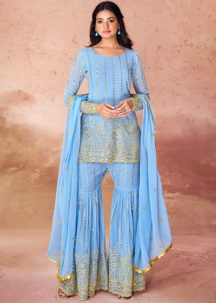 Readymade Blue Embroidered Gharara Suit