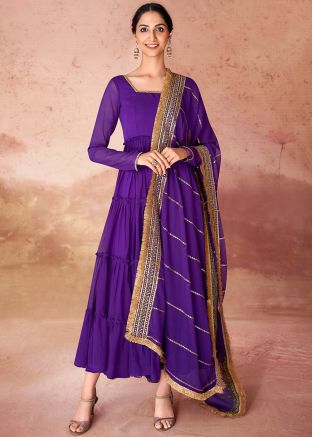 Readymade Purple Embroidered Tiered Anarkali Suit