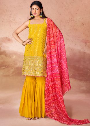 Yellow Readymade Embroidered Gharara Suit