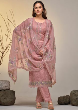 Mauve Pink Thread Embroidered Organza Pant Suit
