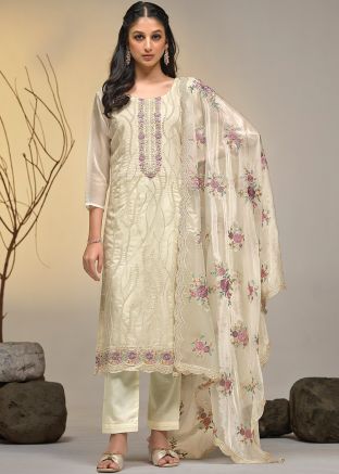 Cream Thread Embroidered Pant Suit In Organza