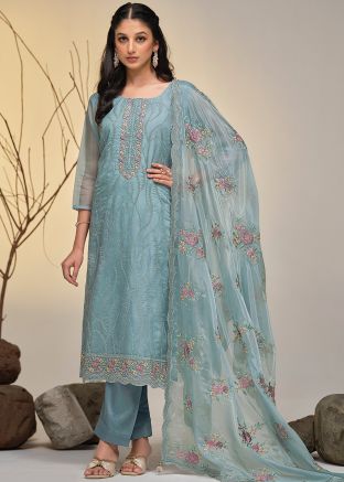 Blue Organza Pant Suit In Thread Embroidery