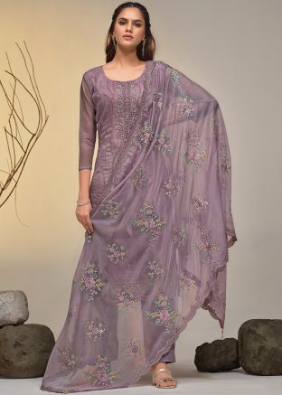 Purple Embroidered Organza Pant Suit Set