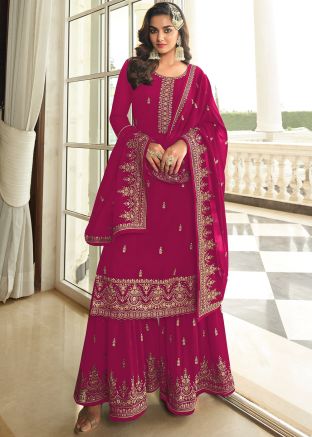 Hot Pink Georgette Gharara Suit In Thread Embroidery