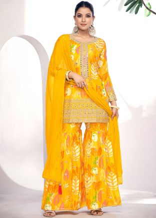 Yellow Readymade Digital Printed Chiffon Gharara Suit