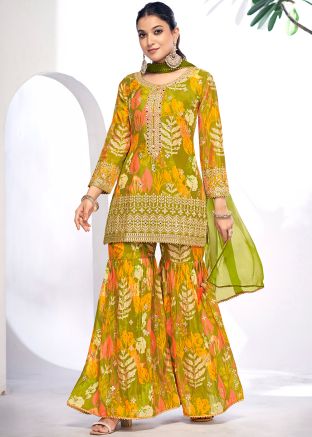 Green Readymade Chiffon Gharara Suit In Digital Print