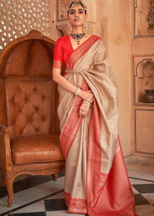 Beige Zari Woven Saree In Banarasi Silk