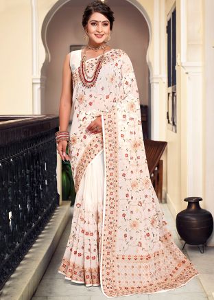 Cream Georgette Saree In Resham Embroidery