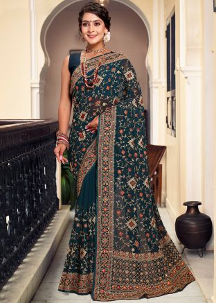 Teal Blue Embroidered Pallu Georgette Saree