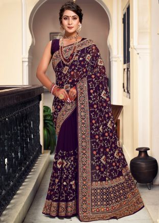 Purple Embroidered Saree In Georgette