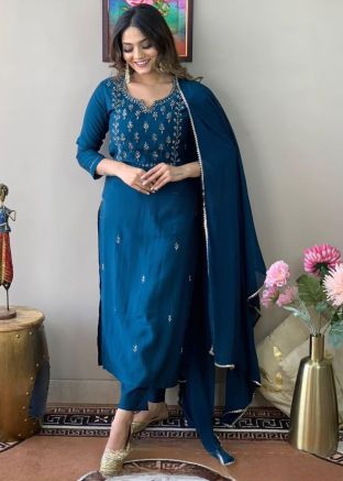 Teal Blue Embroidered Readymade Rayon Pant Suit Set