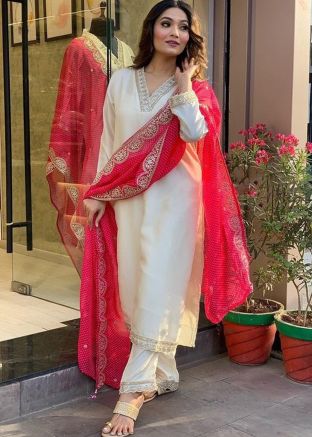 Beige Embroidered Readymade Pant Suit In Chanderi Silk