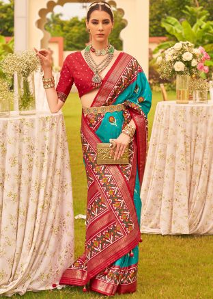 Blue Patola Printed Saree In Art Silk