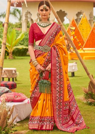 Yellow Patola Printed Saree In Art Silk