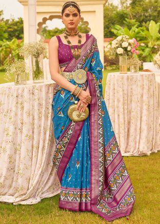 Blue Patola Printed Saree In Art Silk