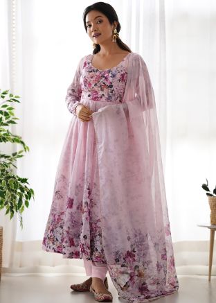 Readymade Pink Floral Print Anarkali Suit Set