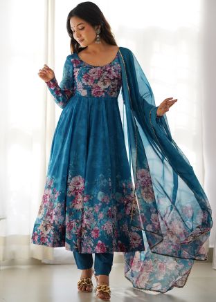 Teal Blue Readymade Floral Print Anarkali Suit Set