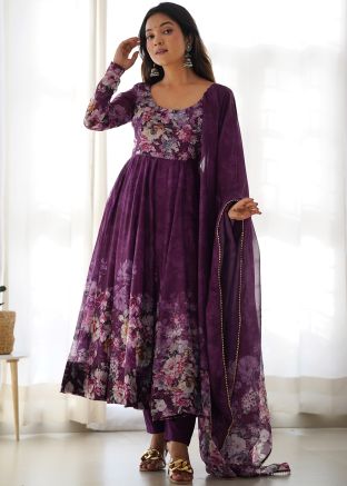 Purple Readymade Floral Print Anarkali Suit Set