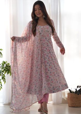 Pink Readymade Anarkali Suit In Floral Print 