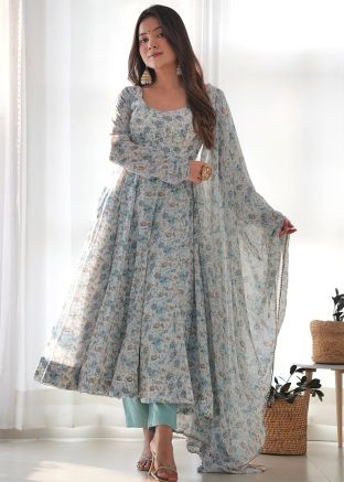 Blue Readymade Anarkali Suit In Floral Print 