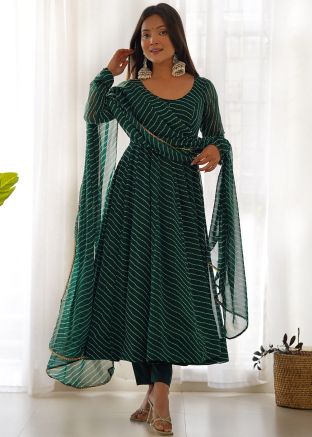 Green Readymade Leheria Print Anarkali Suit