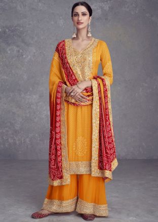 Yellow Embroidered  Palazzo Suit Set