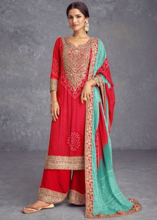 Red Bandhani Print Palazzo Suit Set