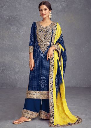 Navy Blue Palazzo Suit In Bandhani Print 