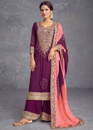 Purple Palazzo Suit In Bandhej Print