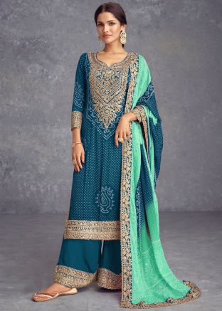Teal Blue Palazzo Suit In Bandhani Print