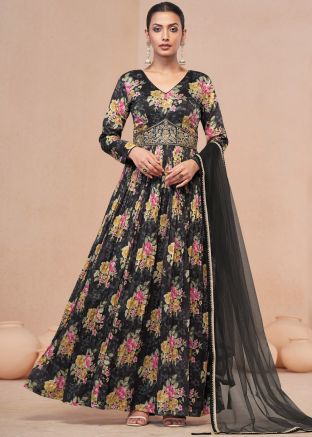 Black Floral Print Anarkali Suit Set