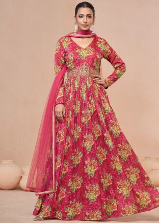 Pink Floral Print Anarkali Suit Set