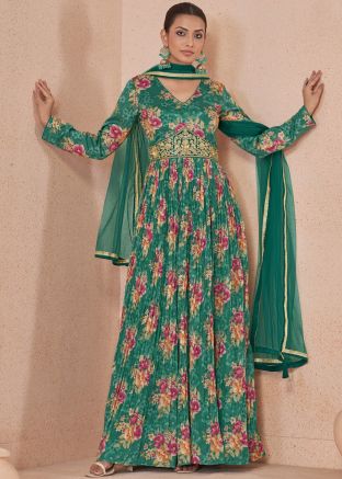 Green Floral Print Anarkali Suit Set